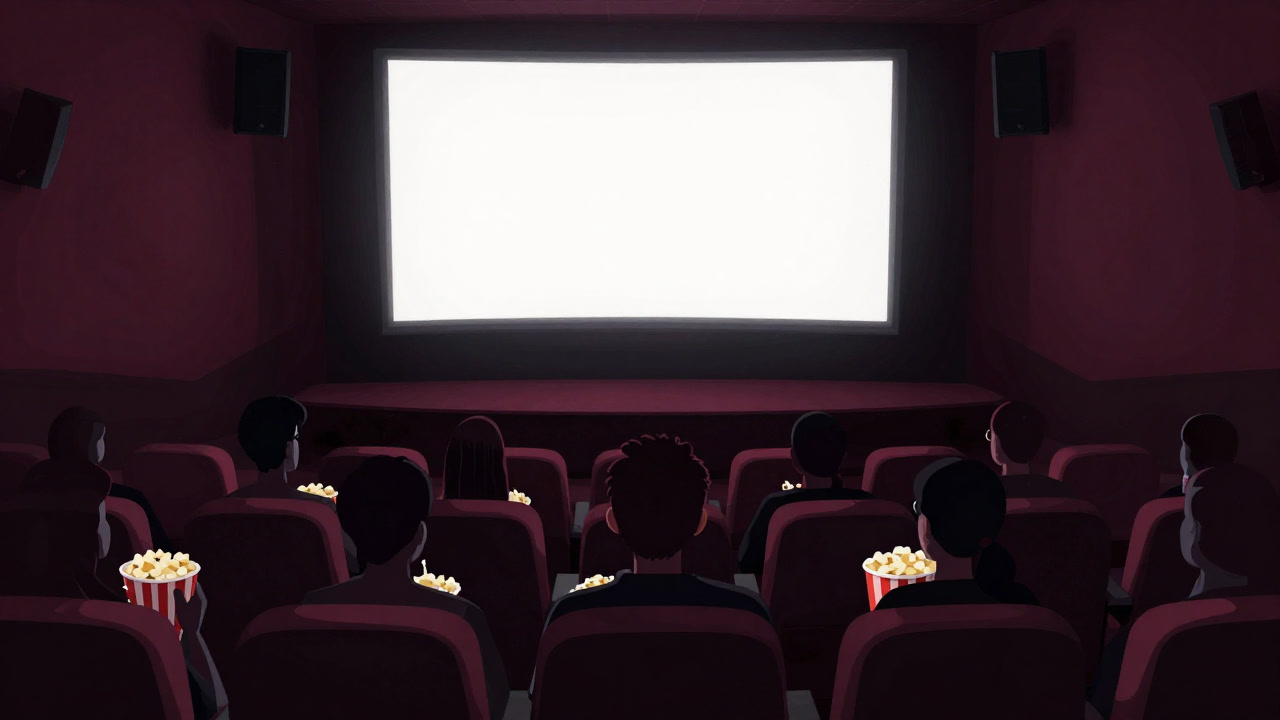 Silhouette of an audience holding popcorn staring at a screen in a dark theater