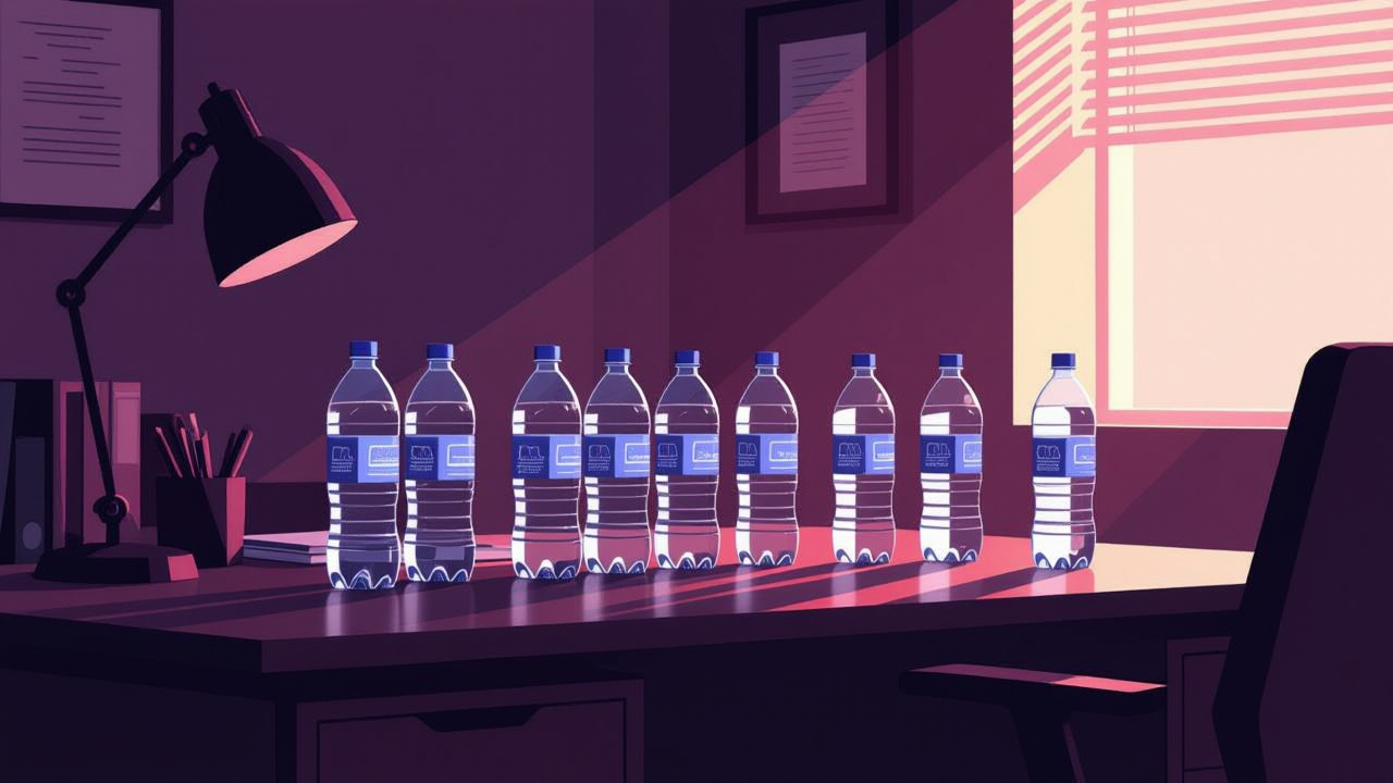 Rows of water bottles lined up on an office desk, silently dominating the scene.