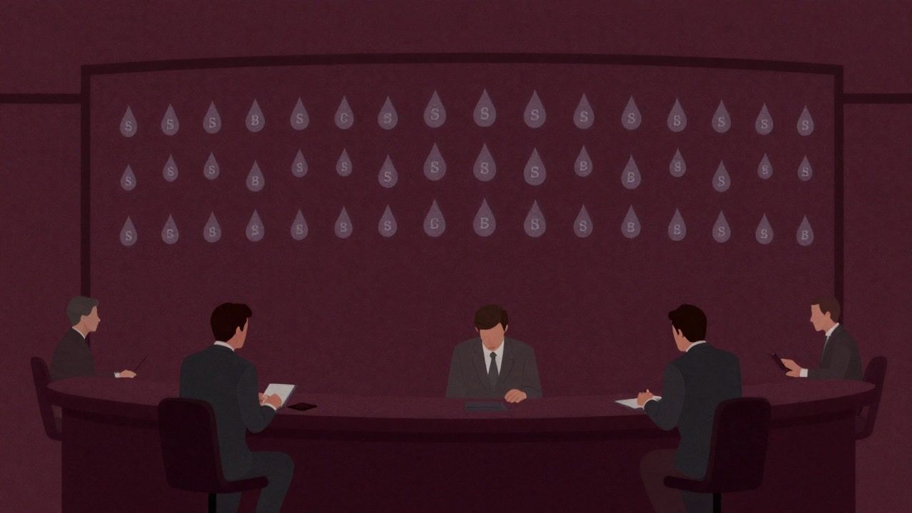 株価ボードに水滴マークが並ぶ取引所のホール