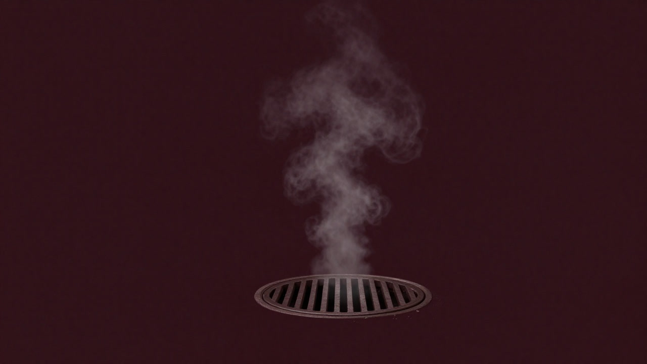 At night, steam rising from an old manhole on a city street, evoking the hidden network of pipes.