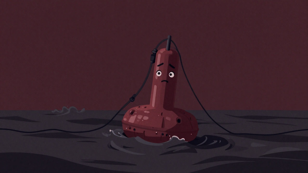 荒波にもまれながらもケーブルにつながれ、必死に発電しようとする波力ブイのイラスト