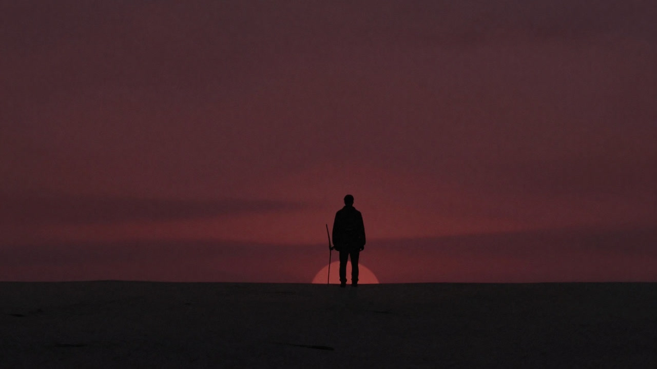 枯れた地平線を背景に、杖を突き、ぼう然と立つ孤高の徒行者のシルエット