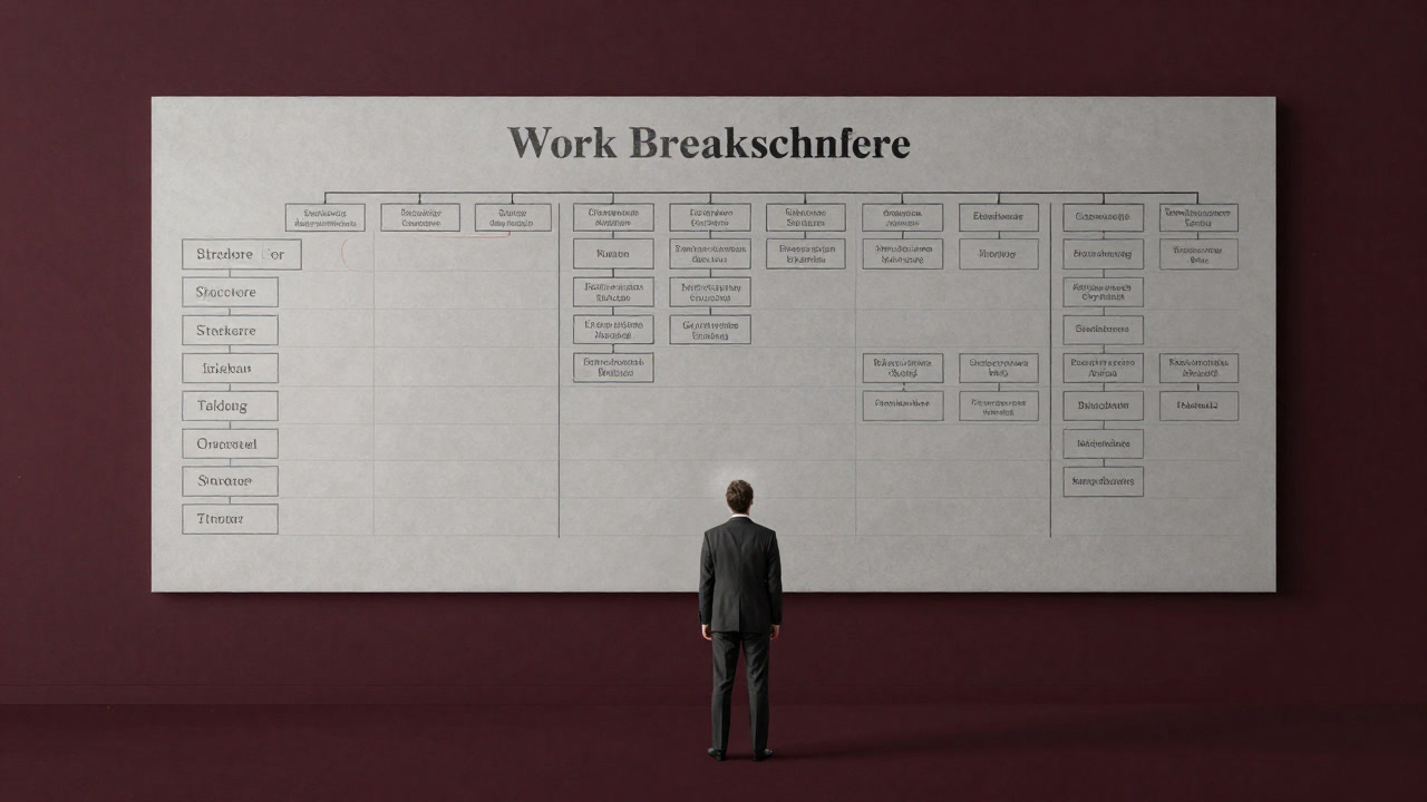 巨大なWBS表が壁一面に貼られ、管理者が圧倒されているオフィスの風景