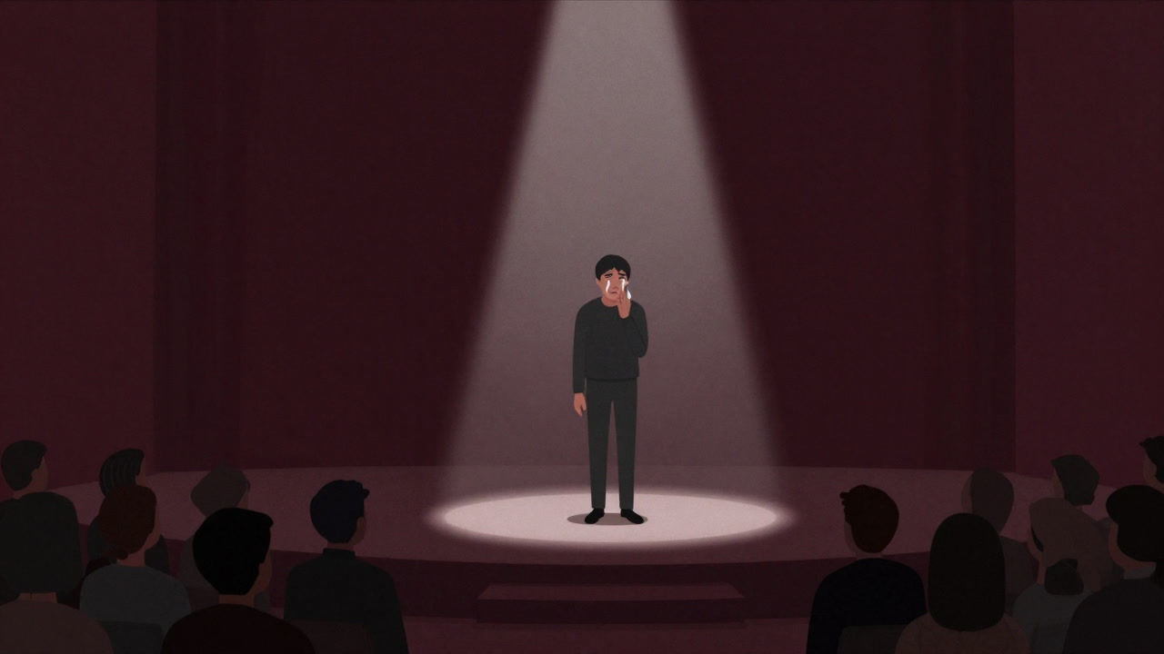 Illustration of a person performing tears on stage under a spotlight as others watch, symbolizing weakness-sharing
