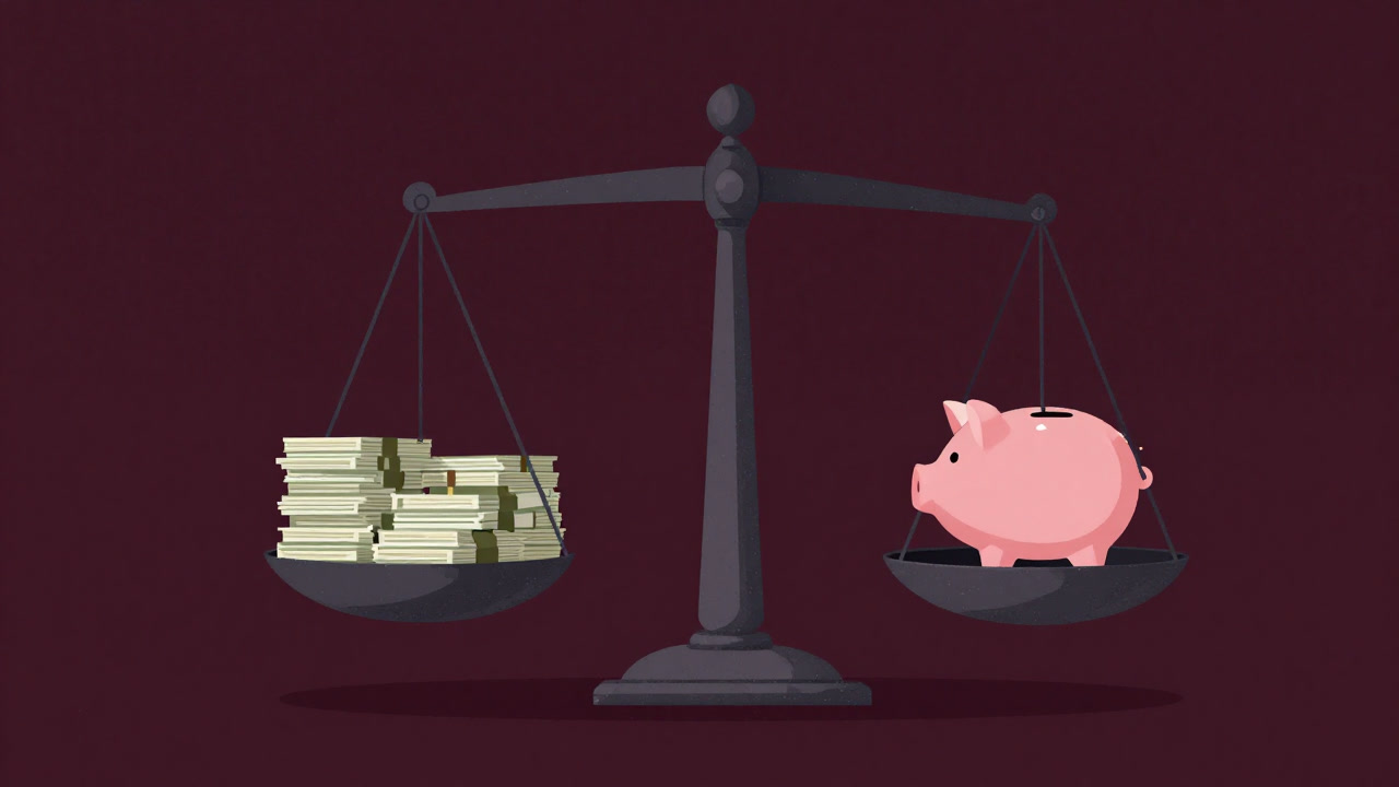 An illustration of a giant scale with a heap of banknotes on one side and empty pockets hanging on the other.