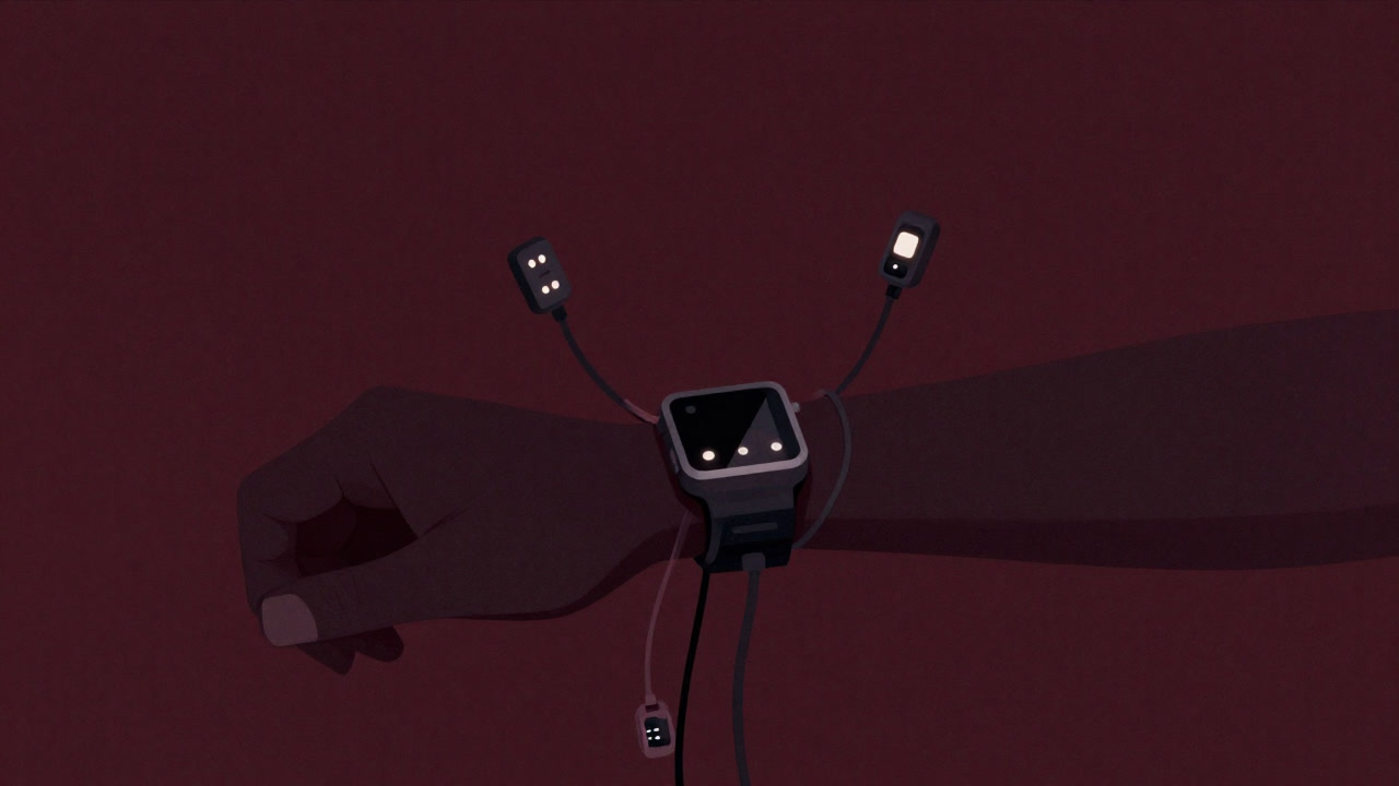 Image of a smart band wrapped around an arm, surrounded by cables and sensors, glowing in darkness.