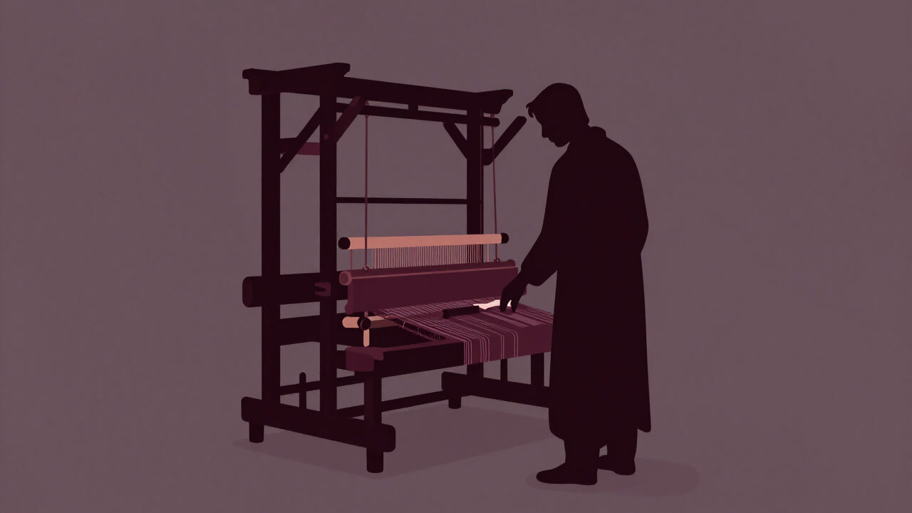 Silhouette of a weaver in front of an old loom, looking perplexed.