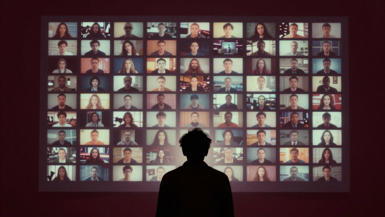 A silhouette of a learner in front of a screen, exhausted, with endless rows of video thumbnails glowing emptily in the background
