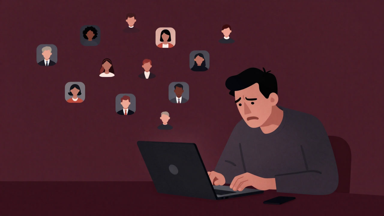 Illustration of a frustrated host standing before a laptop with countless attendee icons looming behind.