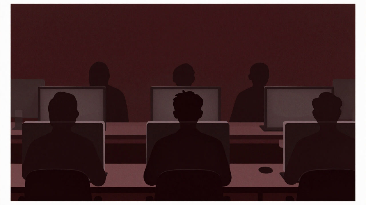 モニター越しに無表情で並ぶ参加者のシルエット