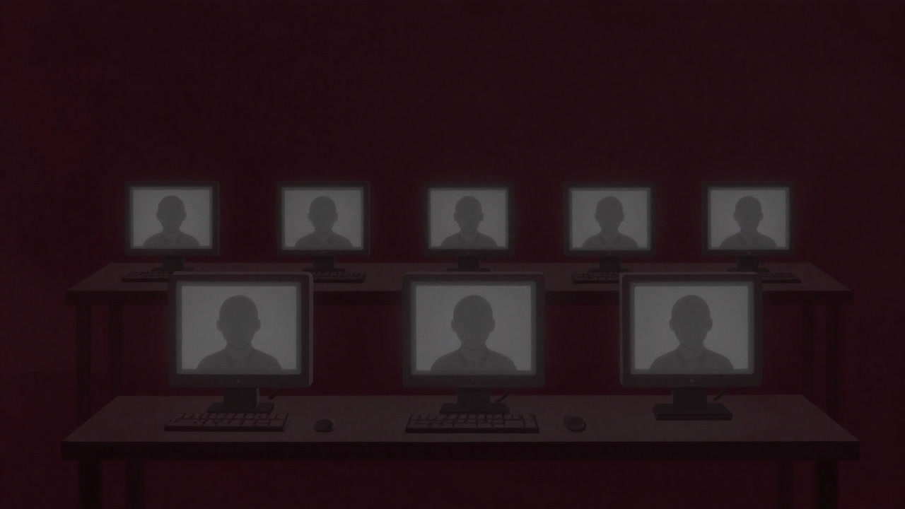 Illustration of blank-faced participant icons aligned on monitors with dull light.