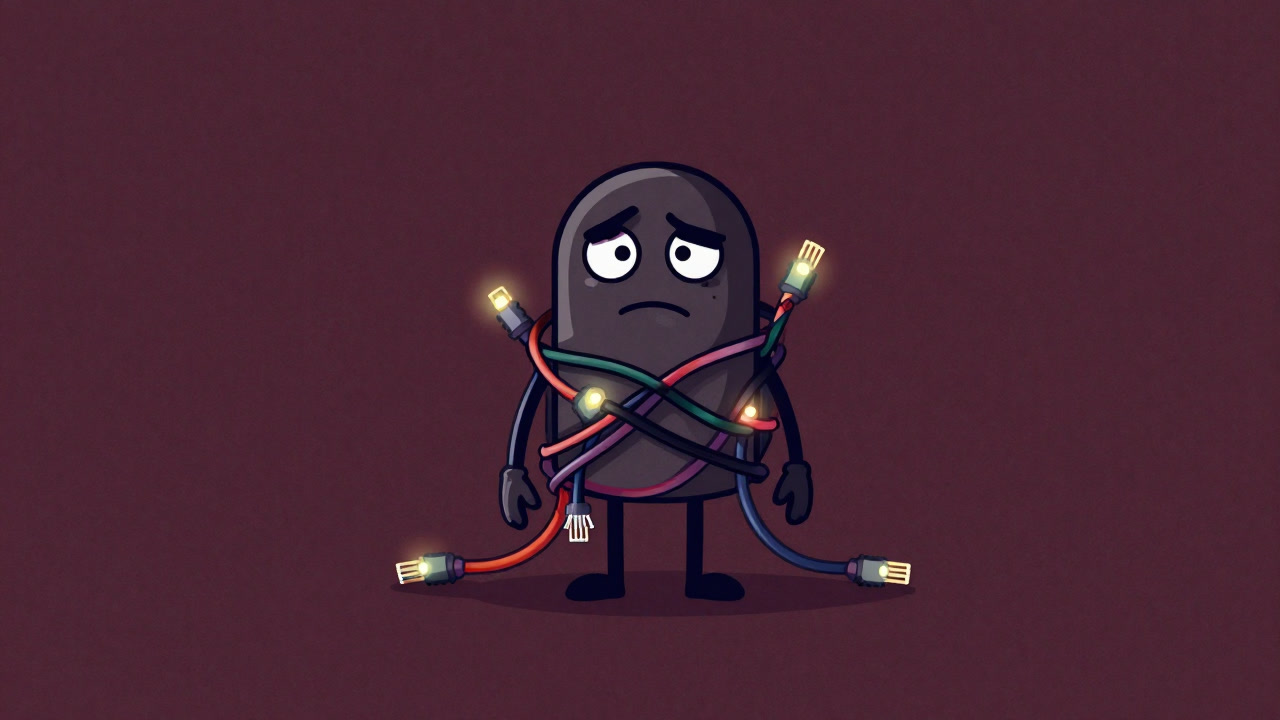 An anthropomorphic WebSocket tangled in network cables, blinking lights with a confused expression