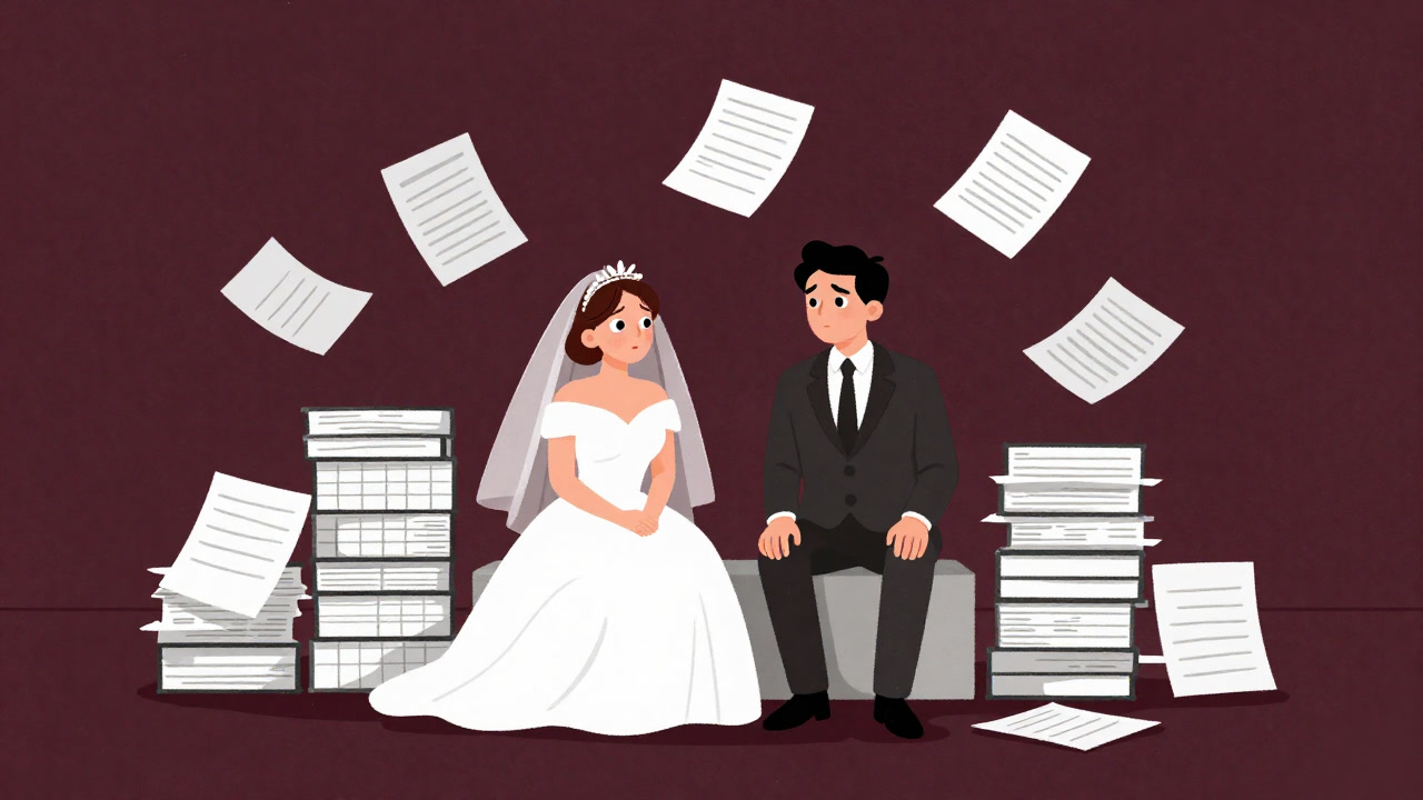 Illustration of a bride and groom overwhelmed by intricate schedules and quotes