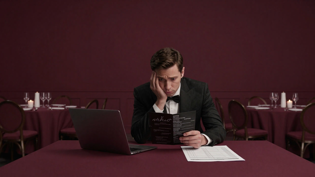 豪華に装飾された会場で、疲れた表情の幹事が料理リストを見つめる光景