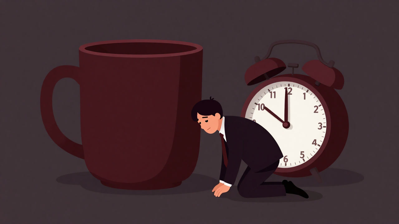 憂鬱な表情で巨大なコーヒーカップとアラームクロックの前にひざまずく社員の漫画