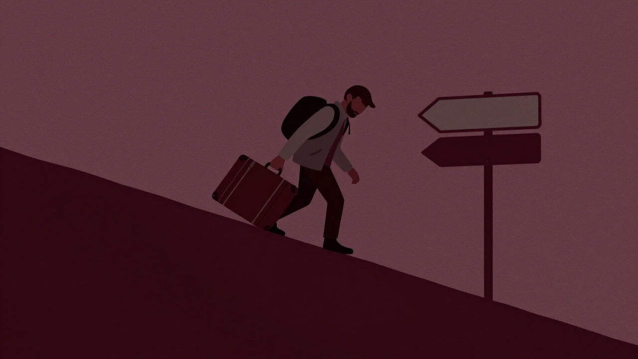 重いスーツケースを引きずり、疲れ果てた表情で観光地の看板を見上げる旅行者。