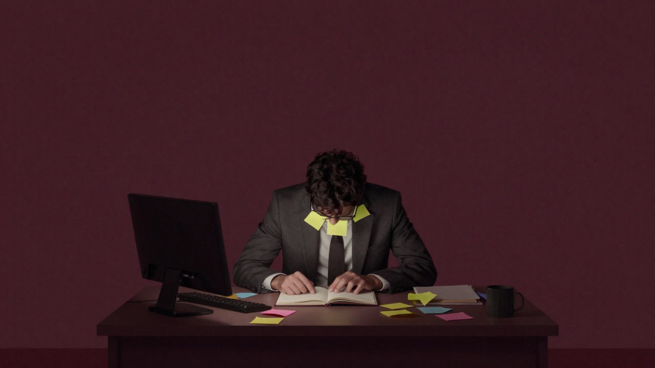 Silhouette of a person looking down at a desk littered with sticky notes and an open notebook