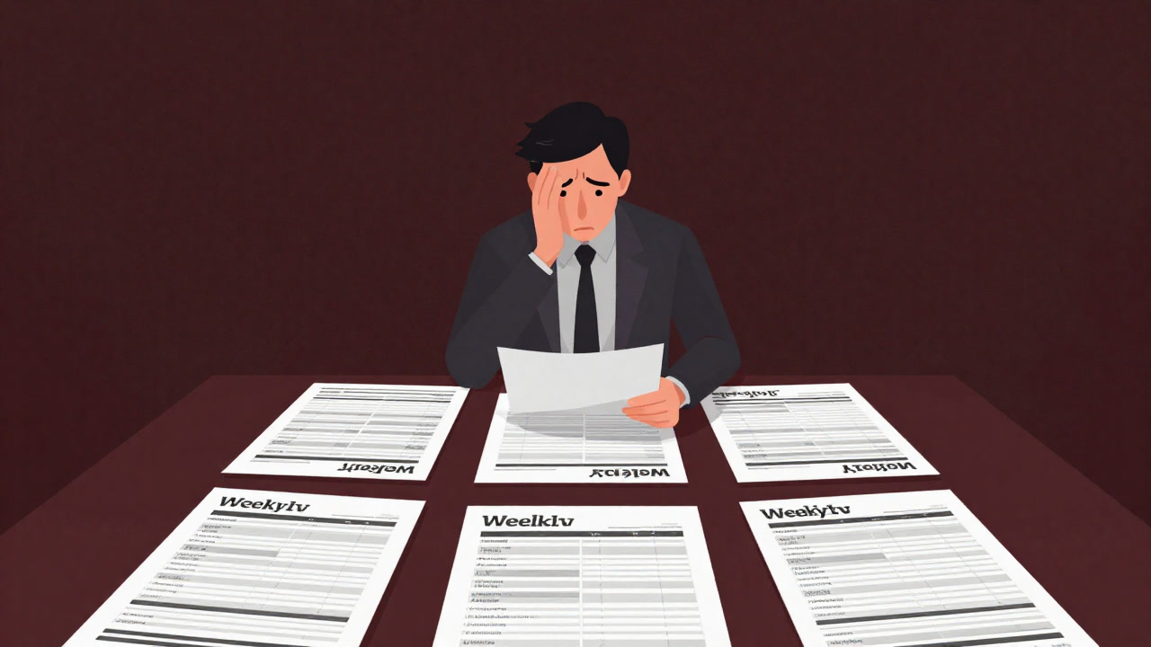 会議室のテーブルに散らばった大量のプリントアウトされたステータス報告書と、呆然とそれを見つめる社員の影