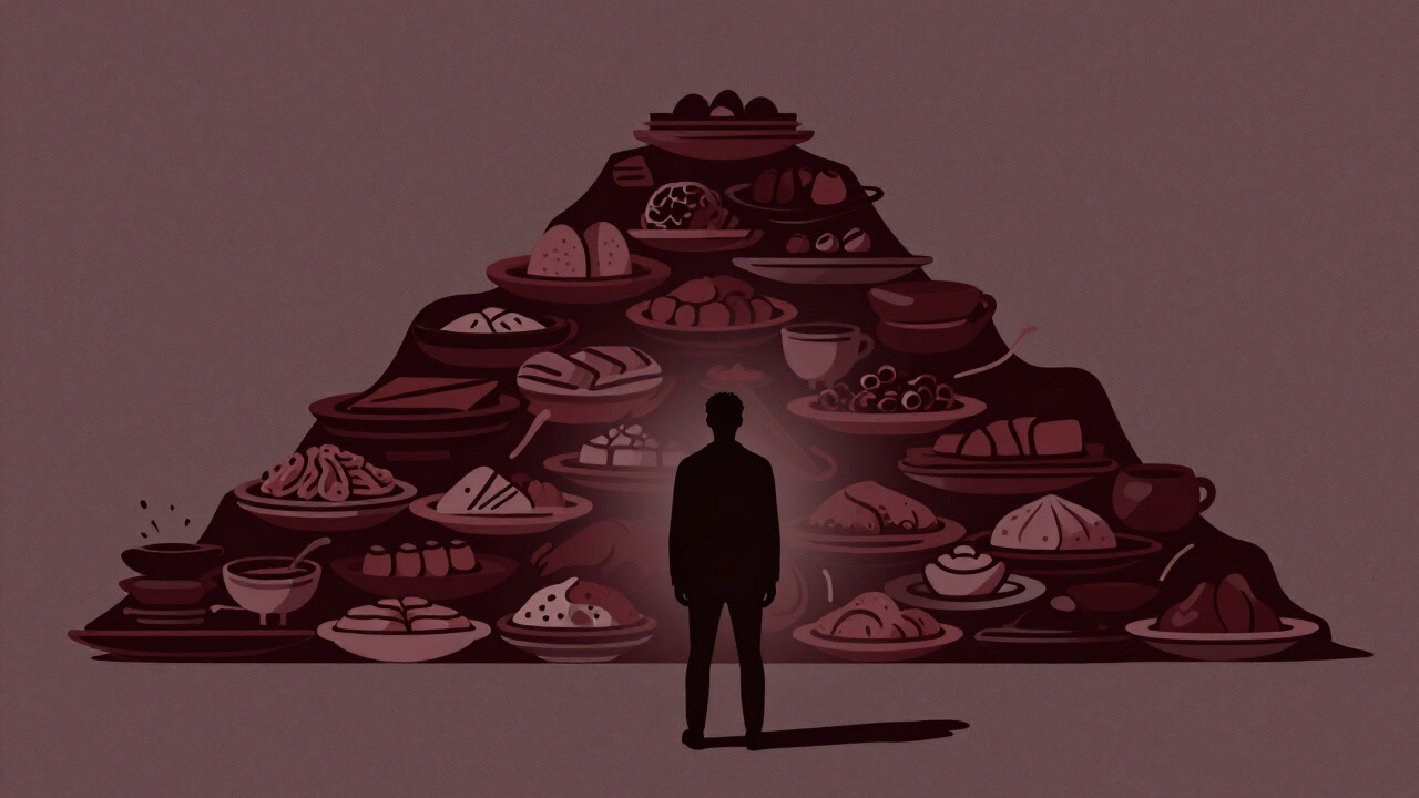 Illustration of a silhouette of a person excited before a mountain of dishes and plates covered in food