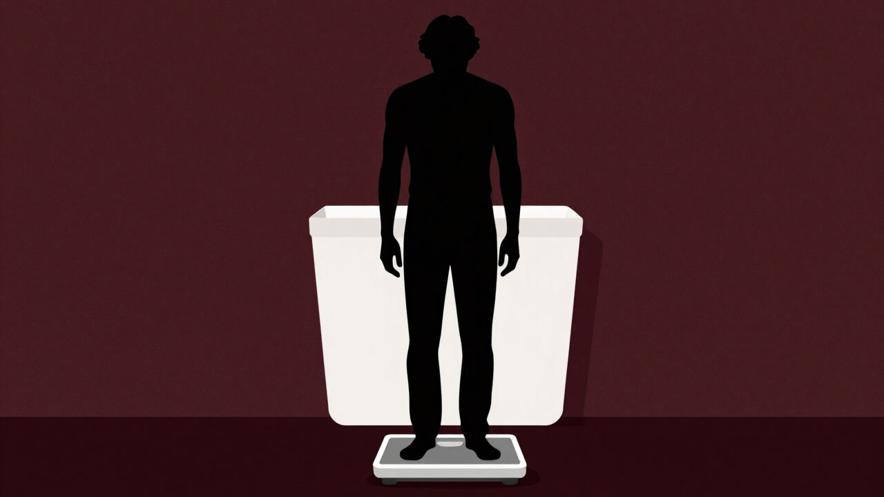 体重計の前で落胆の表情を浮かべる人物のシルエット