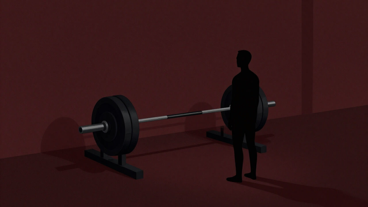 Silhouette of a figure gazing at a barbell in a dimly lit gym filled with the smell of sweat and iron
