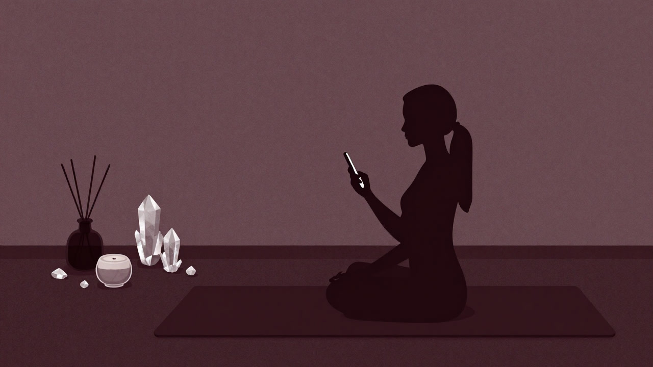 Silhouette of a person sitting on a meditation mat surrounded by aroma diffusers and crystals, holding a smartphone