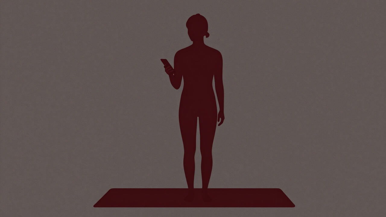 ヨガマットの上でスマホを操作しながら汗をかかずに立つ人のシルエット