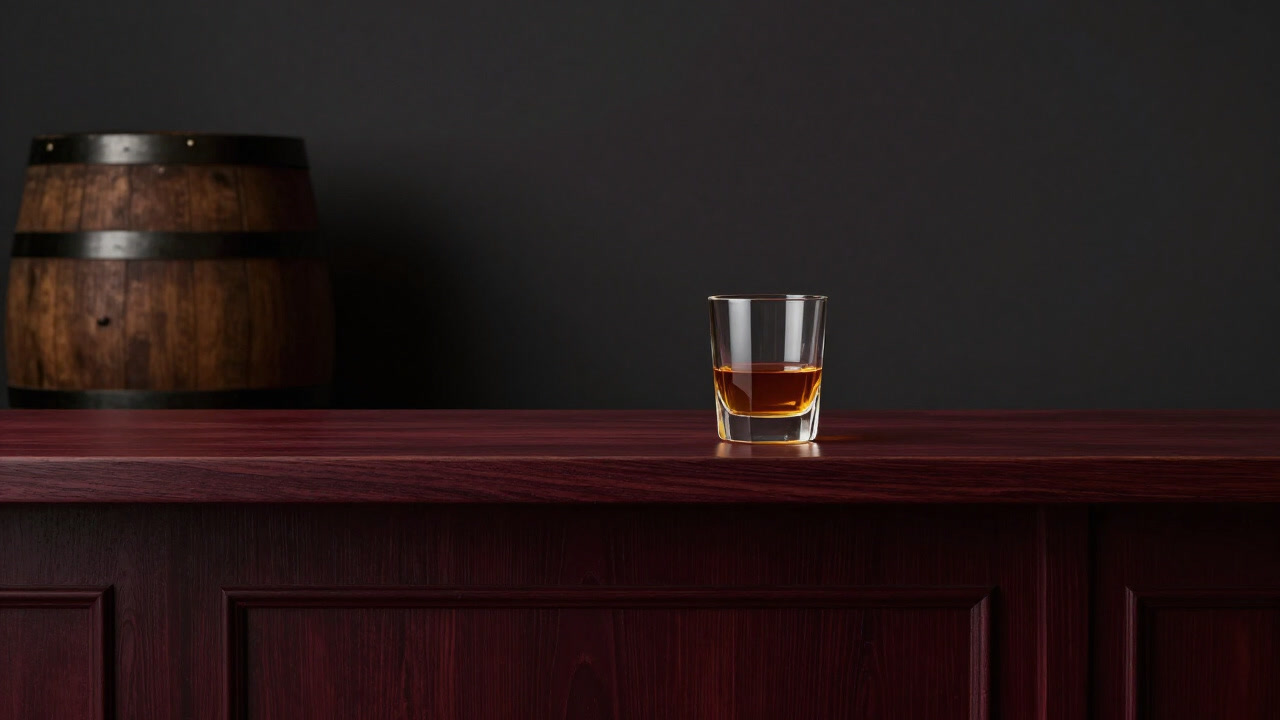 木製の樽とグラスに注がれた琥珀色の液体が並ぶテーブルの写真