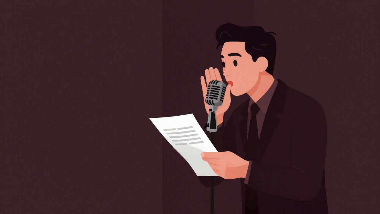 薄暗いオフィスの隅で、書類を抱えながらマイクに向かって囁く人の影