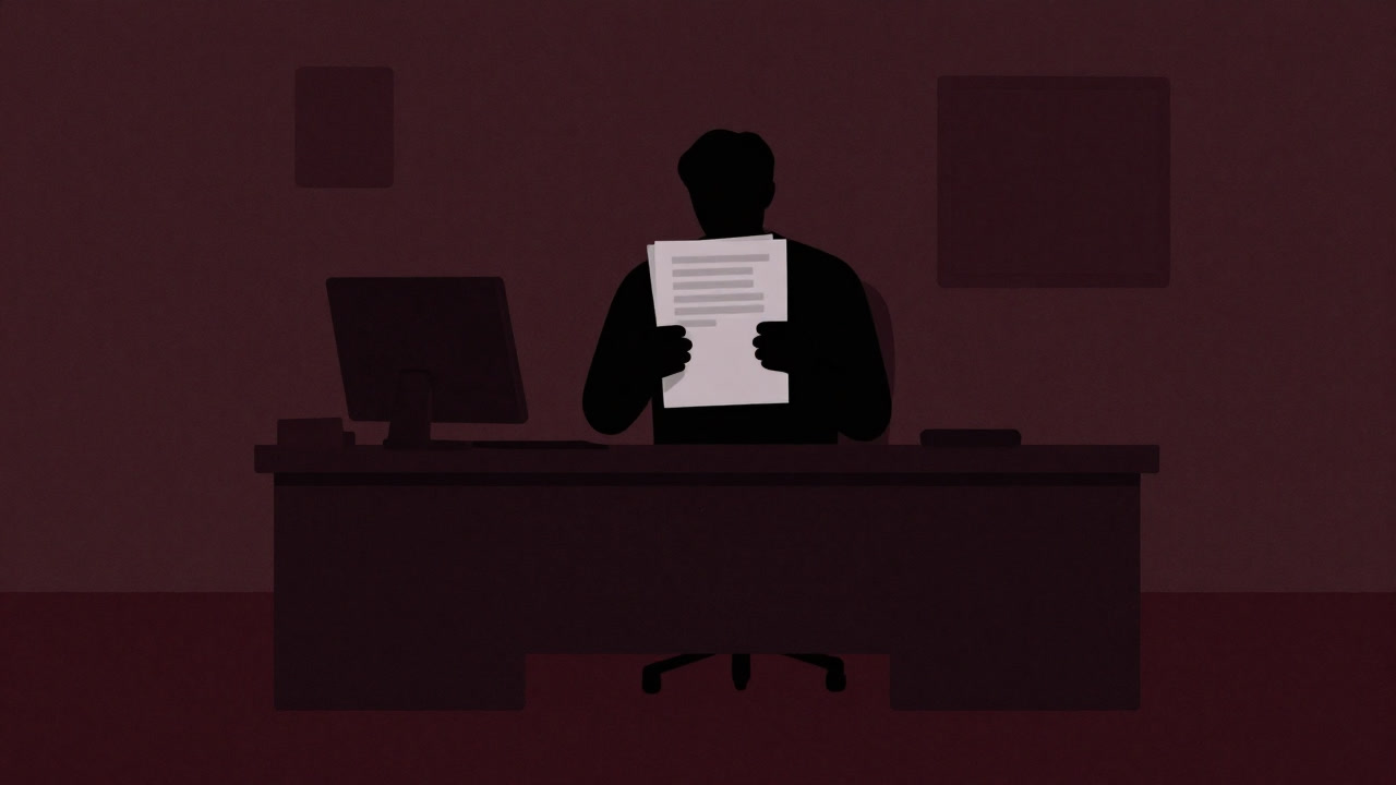 深夜のオフィスで、書類を抱えて隠れる告発者の影絵
