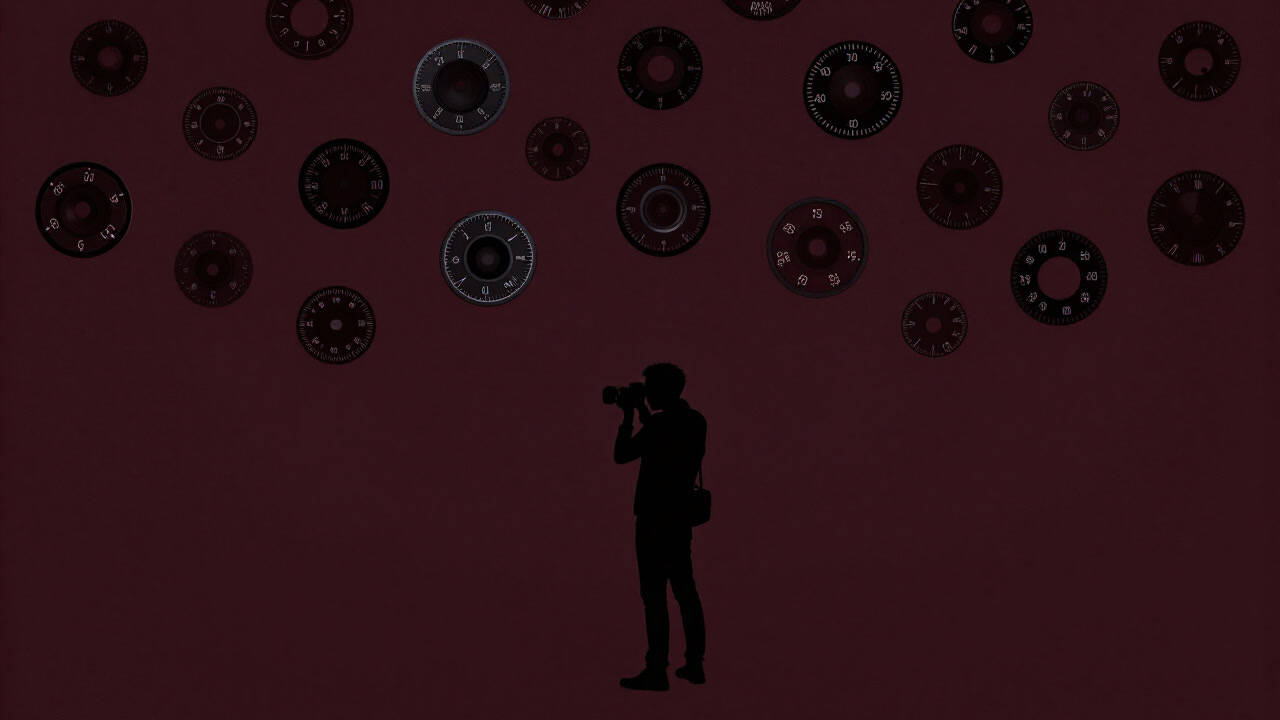 Silhouette of a photographer drowning in a sea of presets and dials, looking helpless