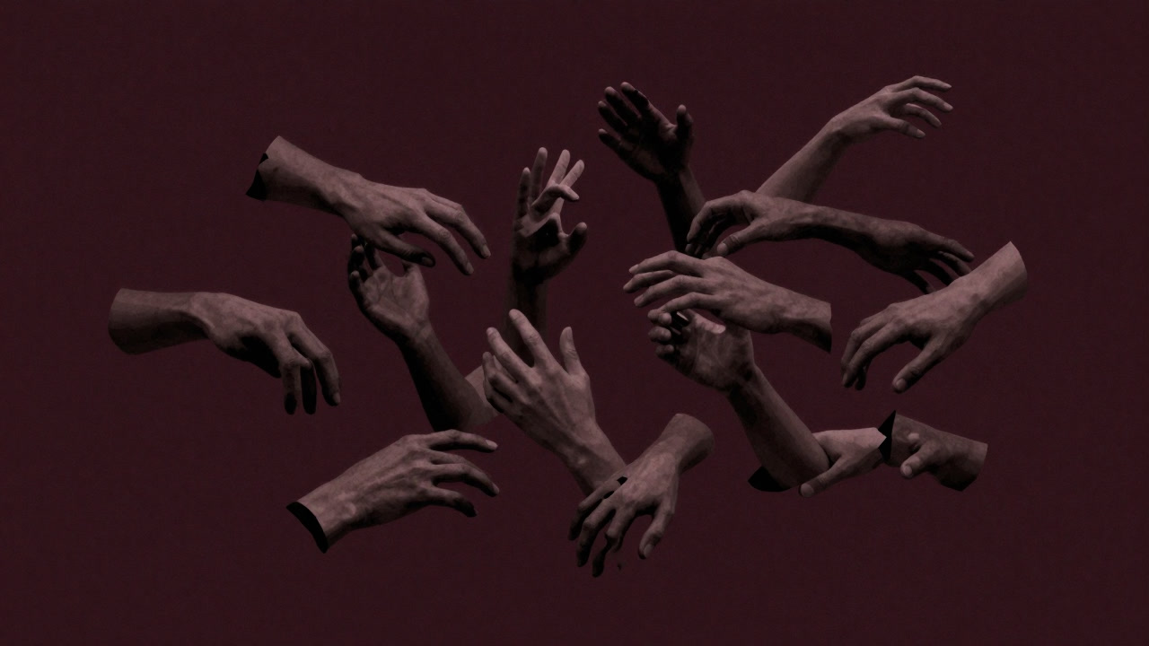 破片が宙を舞い、虚空で結びつこうとする無数の手のイラスト