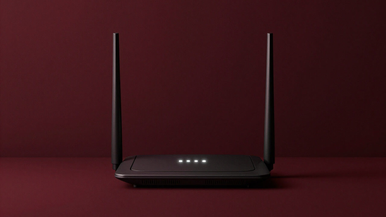 Rear view of a Wi-Fi router blinking forlornly in a dim living room