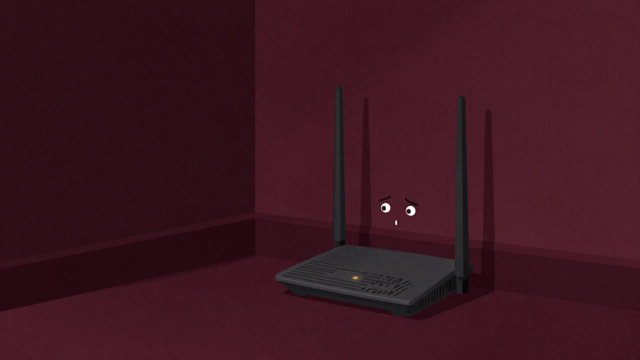 薄暗いリビングの隅で、かすかな電波を探して点滅するWi-Fiルーターの画像