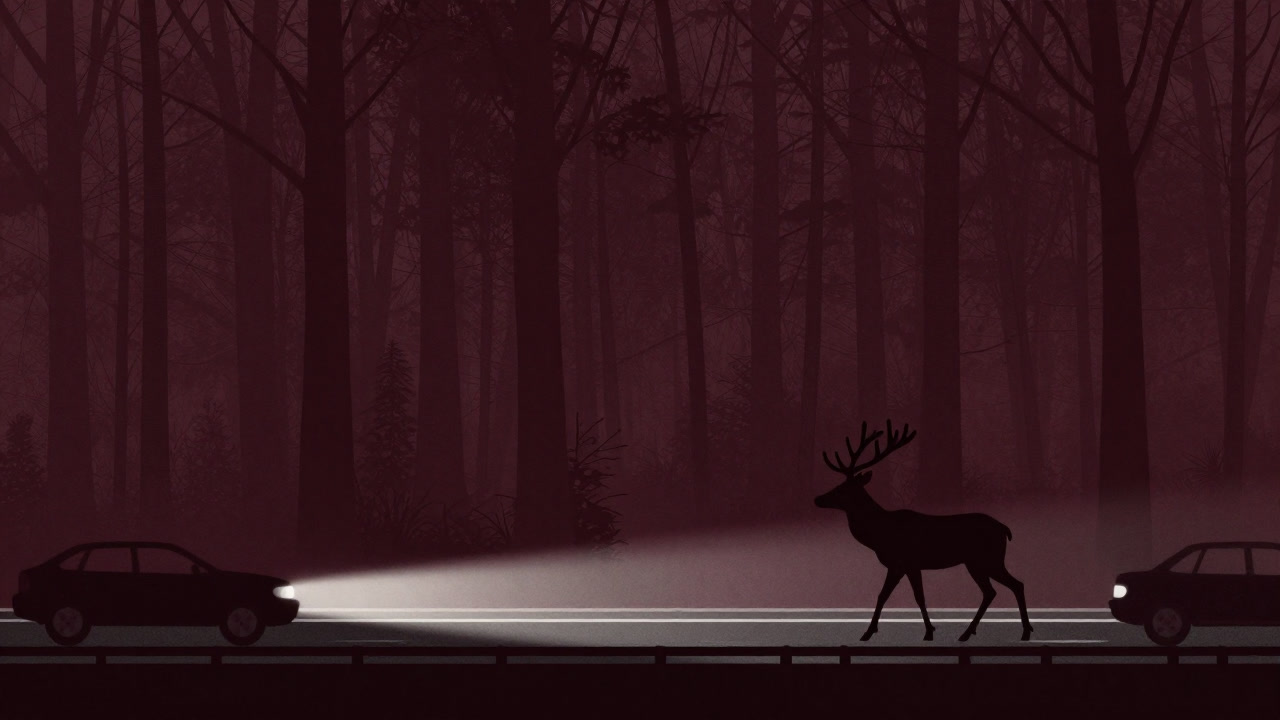 車のライトに怯えつつも、木から道路へとまっすぐ歩く鹿のシルエット