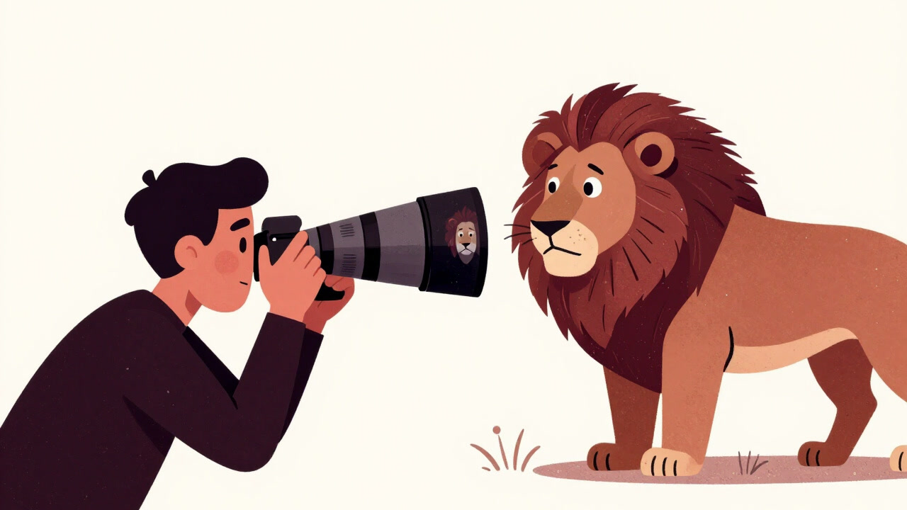 Illustration of a camera with a telephoto lens trying to capture a lion in the savannah, accidentally including photographer's shocked face as reflection.