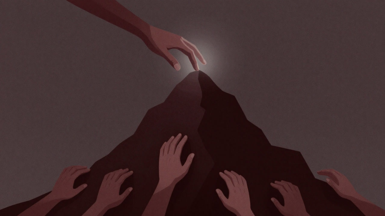 頂点へ向かい延びる一本の手が、他の手を踏みつけるイメージ