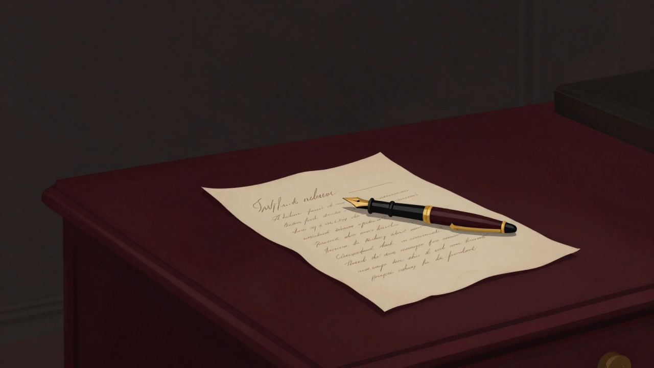 古びた万年筆と署名済みの書類が置かれたテーブルの上に差す薄暗い光