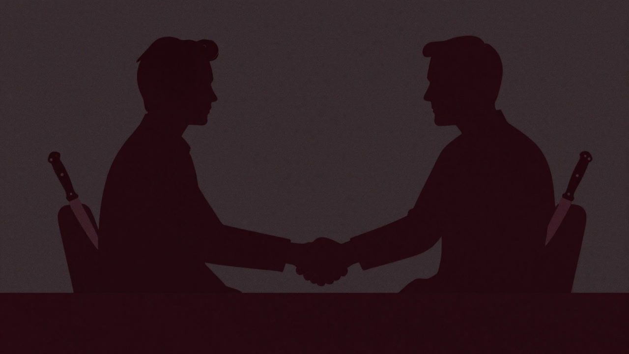 談判テーブルの中央に座り、握手する二人の影がお互いの背後でナイフを構えるシルエット