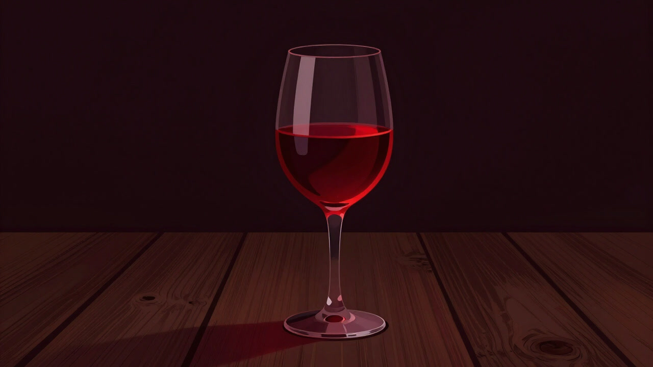 A close-up of red wine being poured into a glass on a table, glowing eerily.