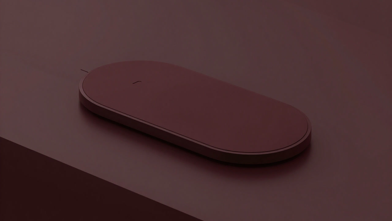 机の上にぽつんと置かれた円盤形のワイヤレス充電パッド。コードは一本も見当たらない。