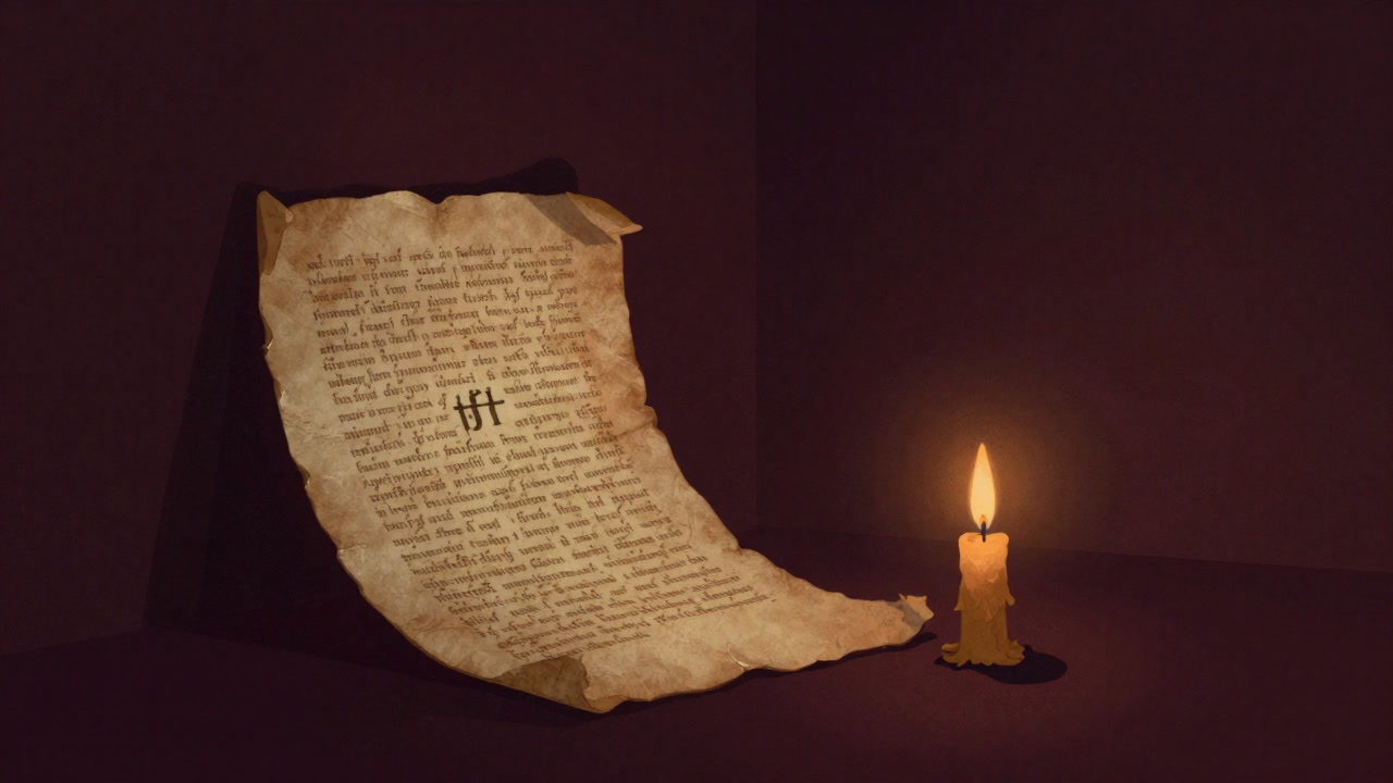 羊皮紙に書かれた古びた文字列が、かすかなろうそくの灯で浮かび上がる様子