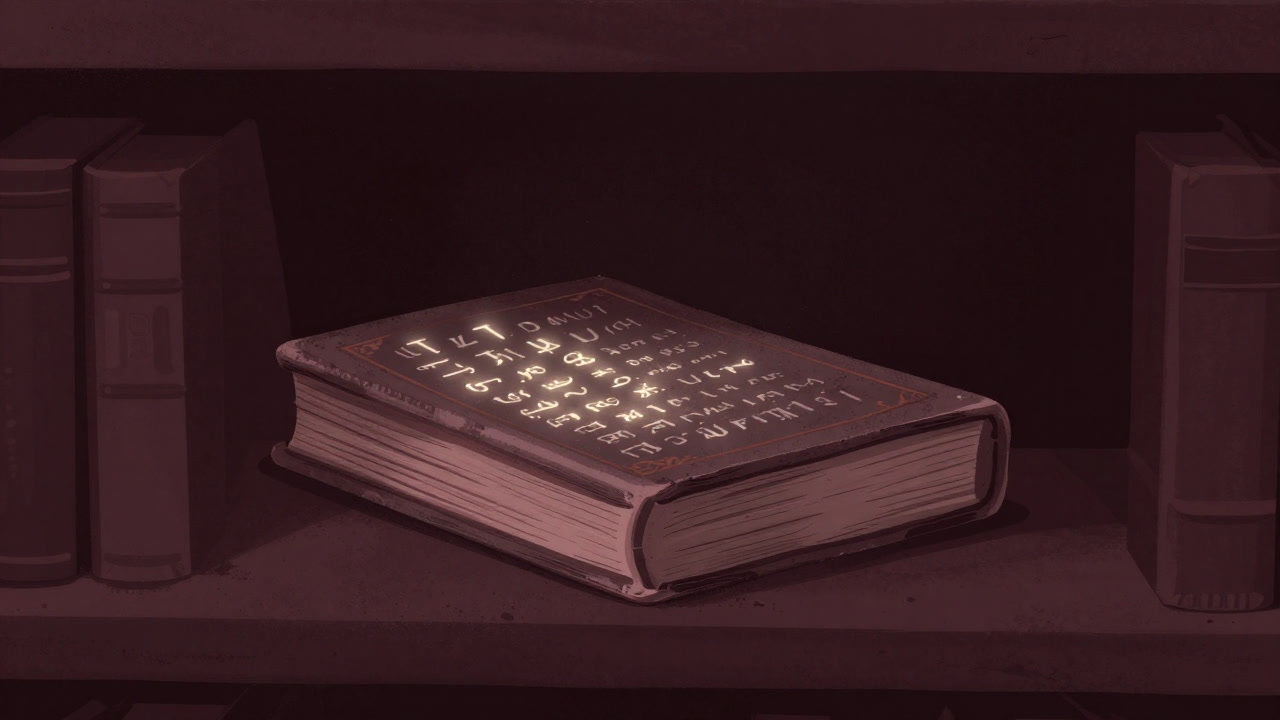 古びた書物に刻まれた言葉が、薄暗い書庫で微かに光るイメージ