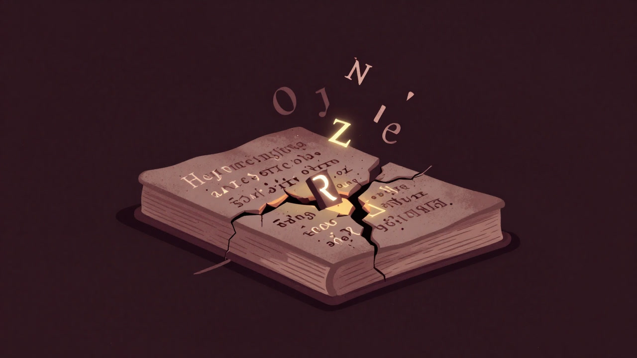 古びた書物に刻まれた文字がひび割れ、知恵が逃げ出しそうな印象の画像