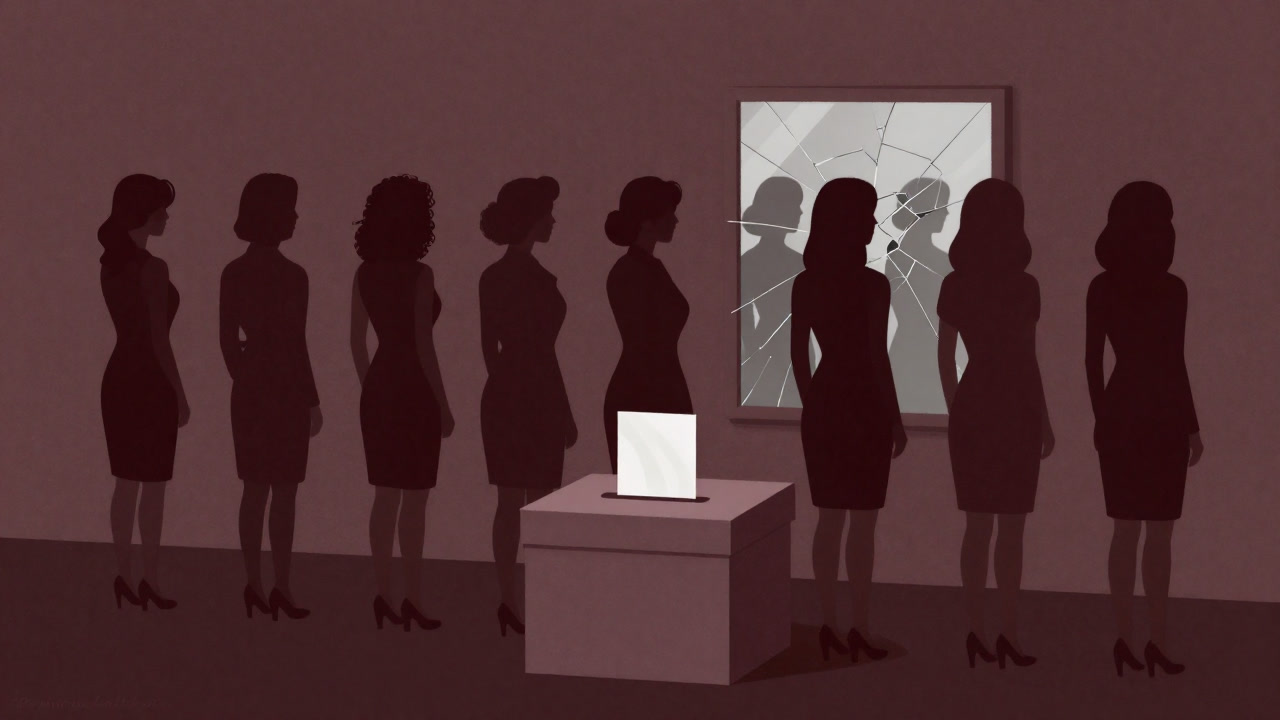 Silhouette of women reflected in a mirror in front of a ballot box.