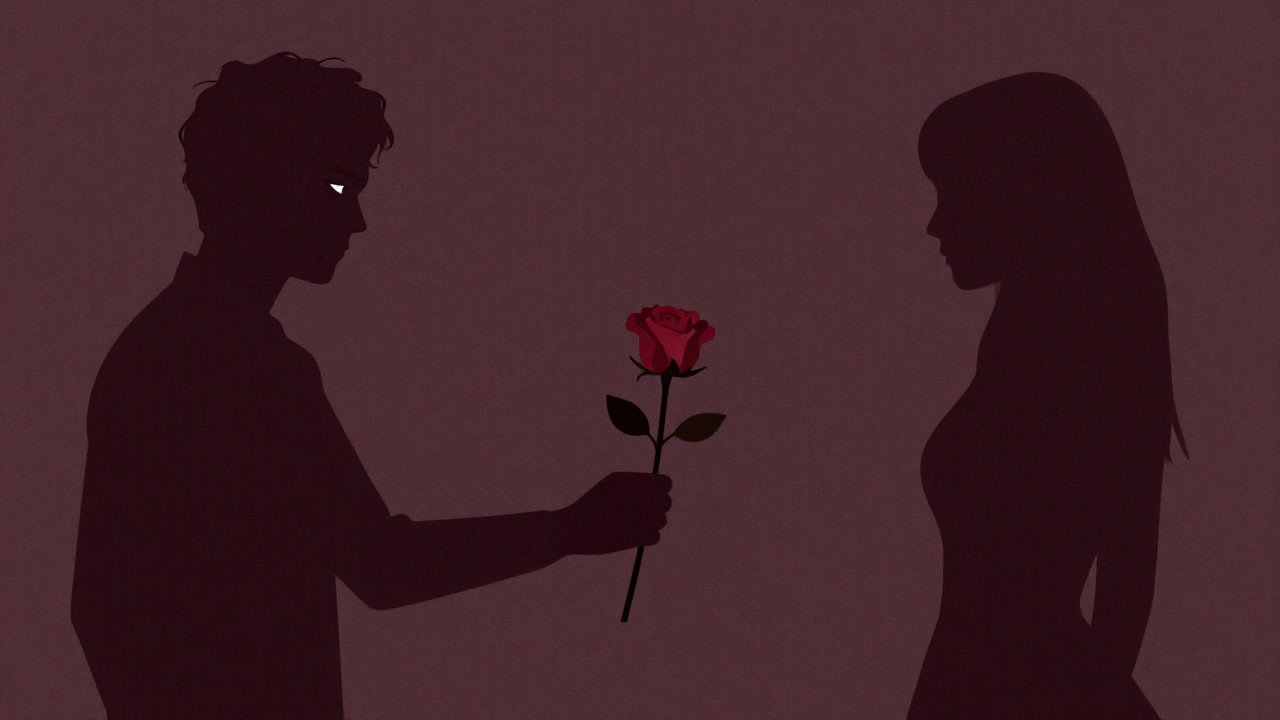 A person holding a rose with a smile, subtly probing the other’s heart like a shadow behind them