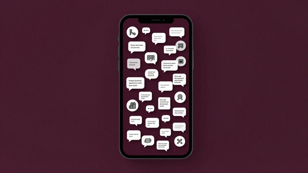 雑多なスマートフォン画面に散らばる口コミアイコンと吹き出しが浮かぶイラスト