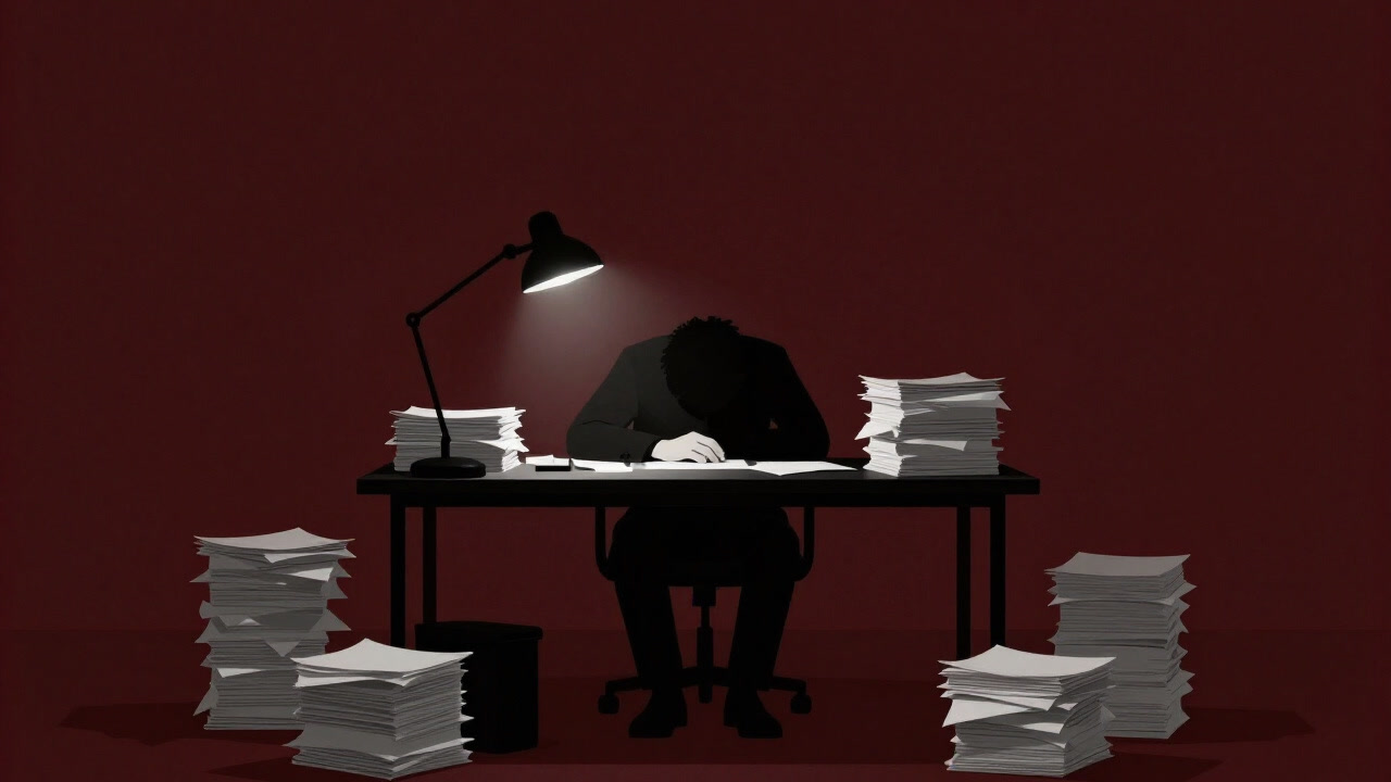 デスクで膝を抱え夜通し働き続ける人物のシルエット
