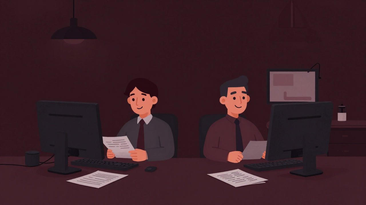 オフィスの雑談スペースで微笑む二人の同僚、背後には無数の書類とパソコンが散らばるシーン