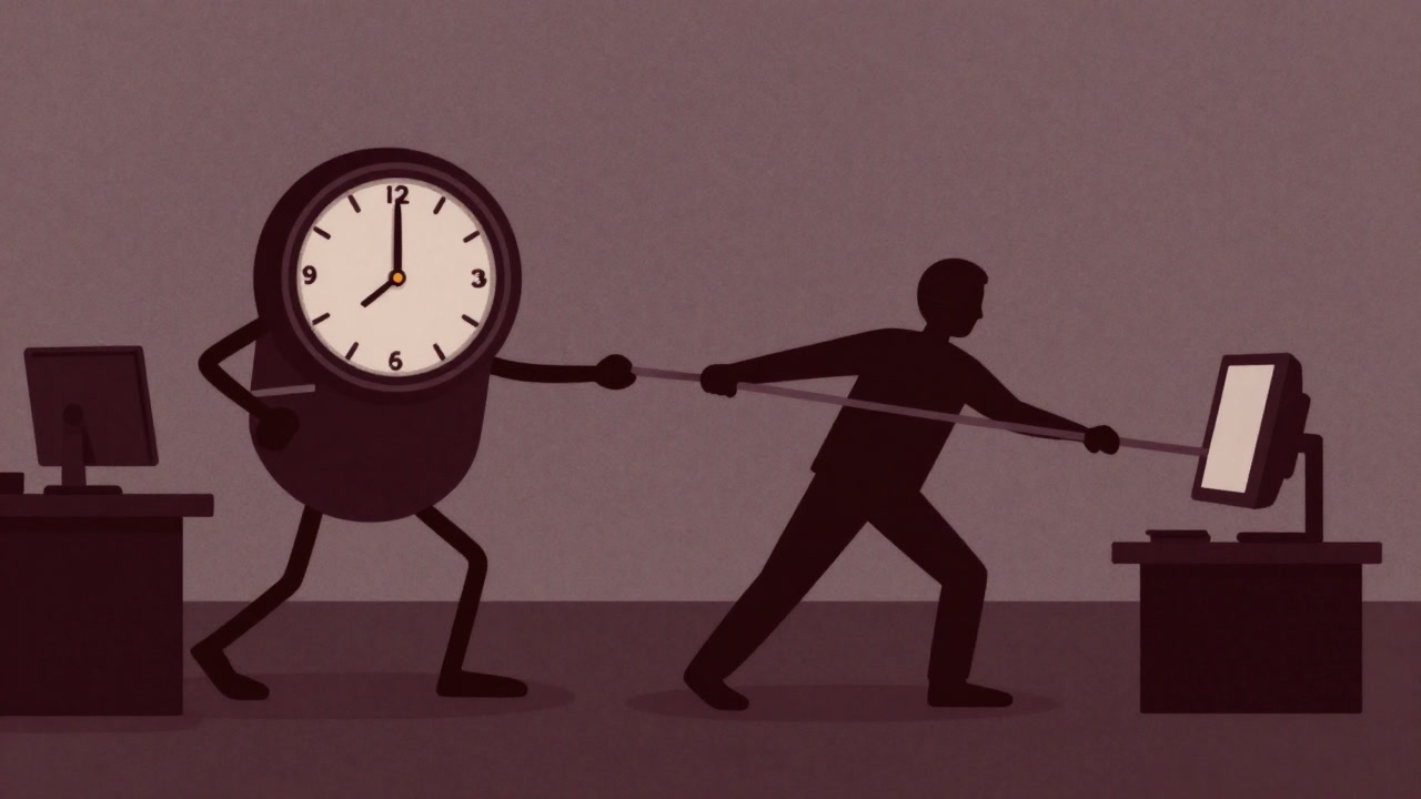 時計とパソコンが綱引きしている社畜の図